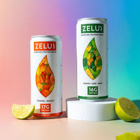 ZELUS - Mixed Flavour Packs - Orange & Mango and Lemon, Lime, Mint - Caffeinated and Caffeine-free with 16g+ Protein, Electrolytes and Vitamins - 330ml can size.