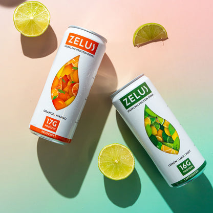 ZELUS - Mixed Flavour Packs - Orange & Mango and Lemon, Lime, Mint - Caffeinated and Caffeine-free with 16g+ Protein, Electrolytes and Vitamins - 330ml can size.