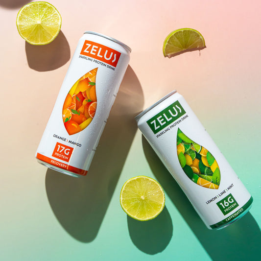 ZELUS - Mixed Flavour Packs - Orange & Mango and Lemon, Lime, Mint - Caffeinated and Caffeine-free with 16g+ Protein, Electrolytes and Vitamins - 330ml can size.