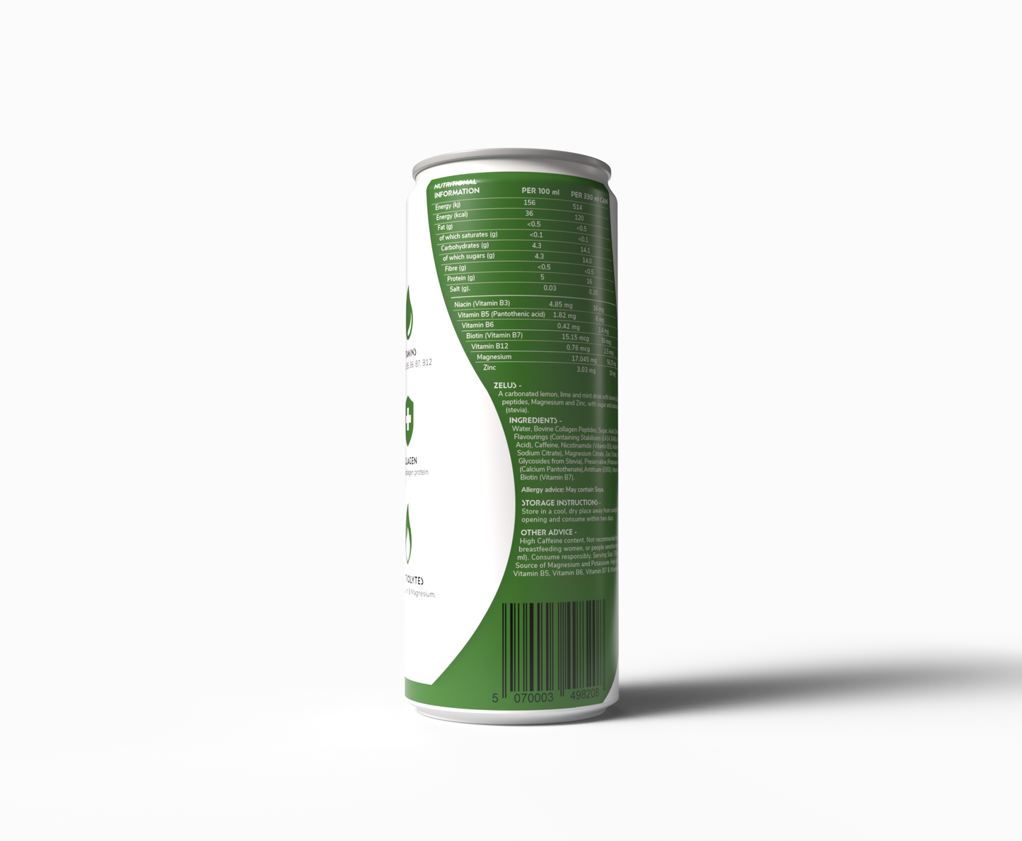 ZELUS Energise - Lemon, Lime, Mint (Caffeinated) - 16g Protein, Electrolytes and Vitamins - 330ml can size.