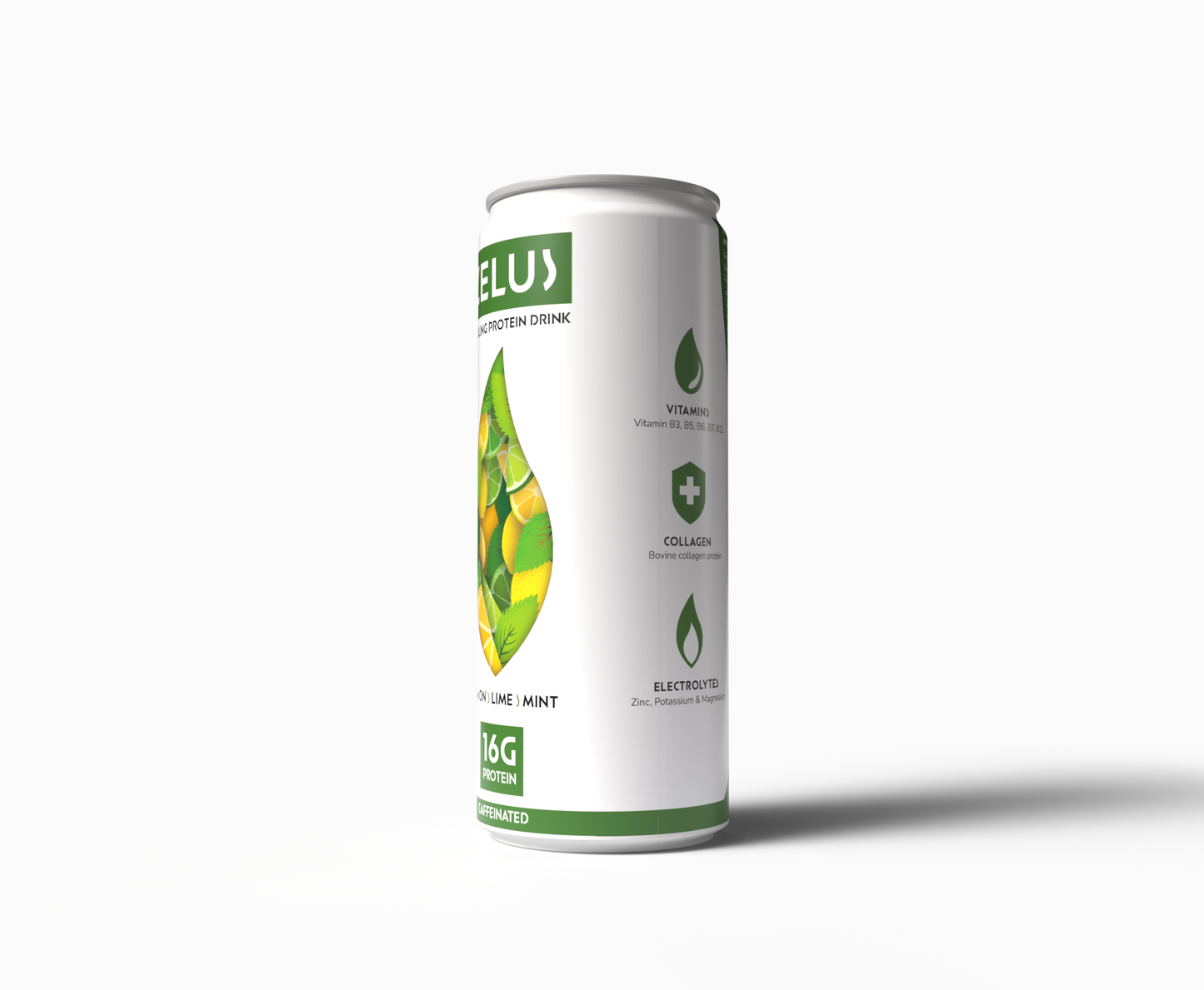 ZELUS Energise - Lemon, Lime, Mint (Caffeinated) - 16g Protein, Electrolytes and Vitamins - 330ml can size.