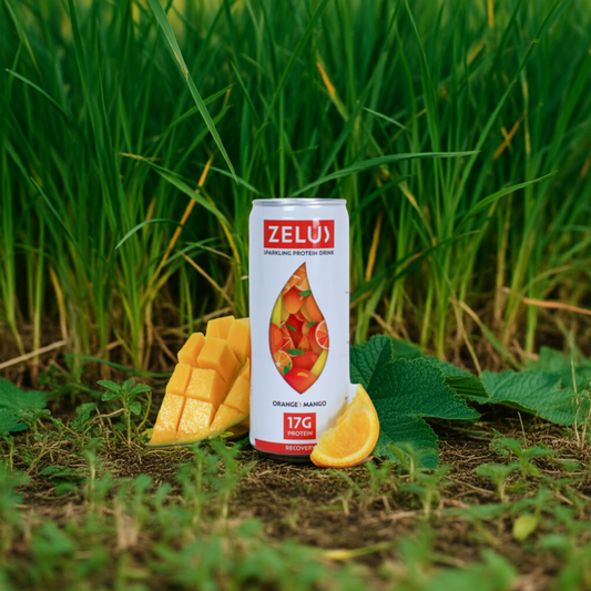 ZELUS Recovery - Orange & Mango (Caffeine-free) - 17g Protein, Electrolytes and Vitamins - 330ml can size.