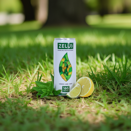 ZELUS Energise - Lemon, Lime, Mint (Caffeinated) - 16g Protein, Electrolytes and Vitamins - 330ml can size.